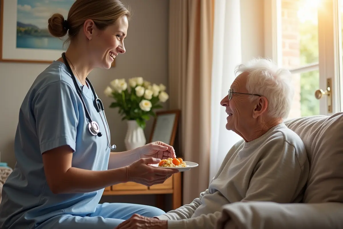 caregiver feeding food to older patient in living room at home healthcare medical