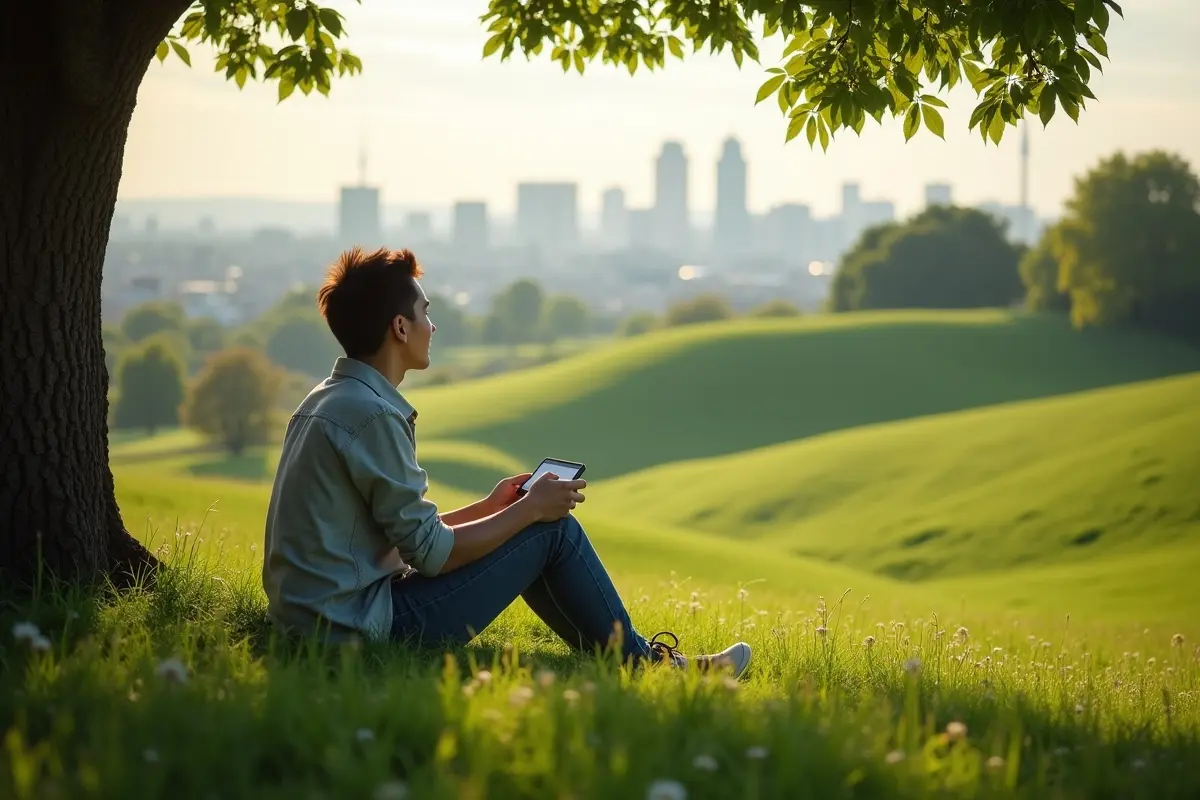person enjoying peaceful life outside busy urban city environment