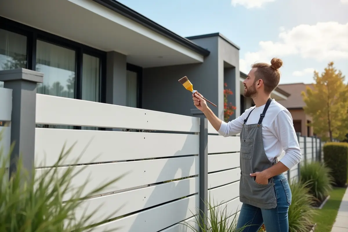 homeowner painting fence with modern design for stylish exterior look